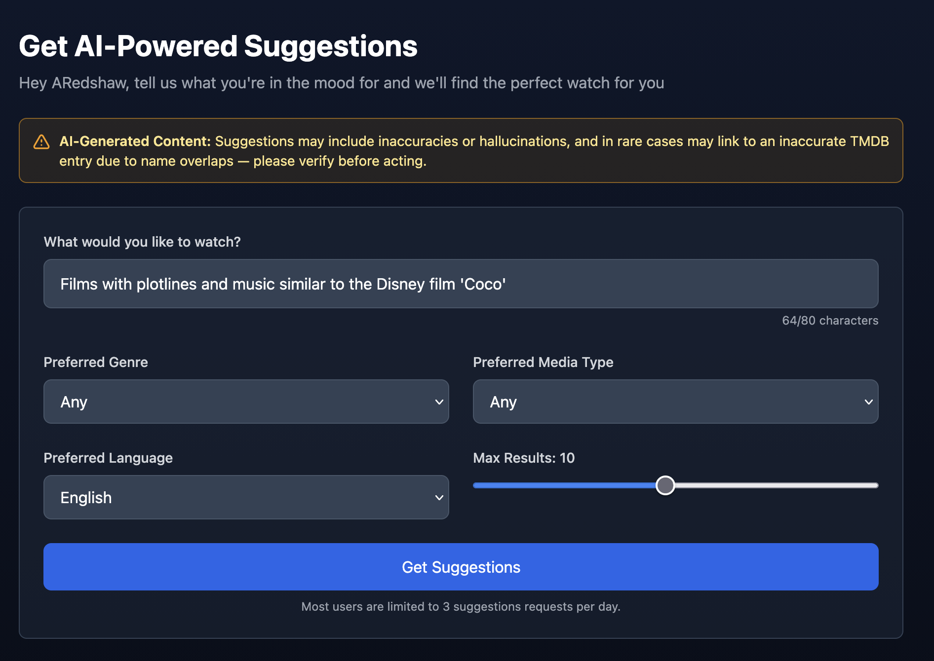 Suggestions page input section