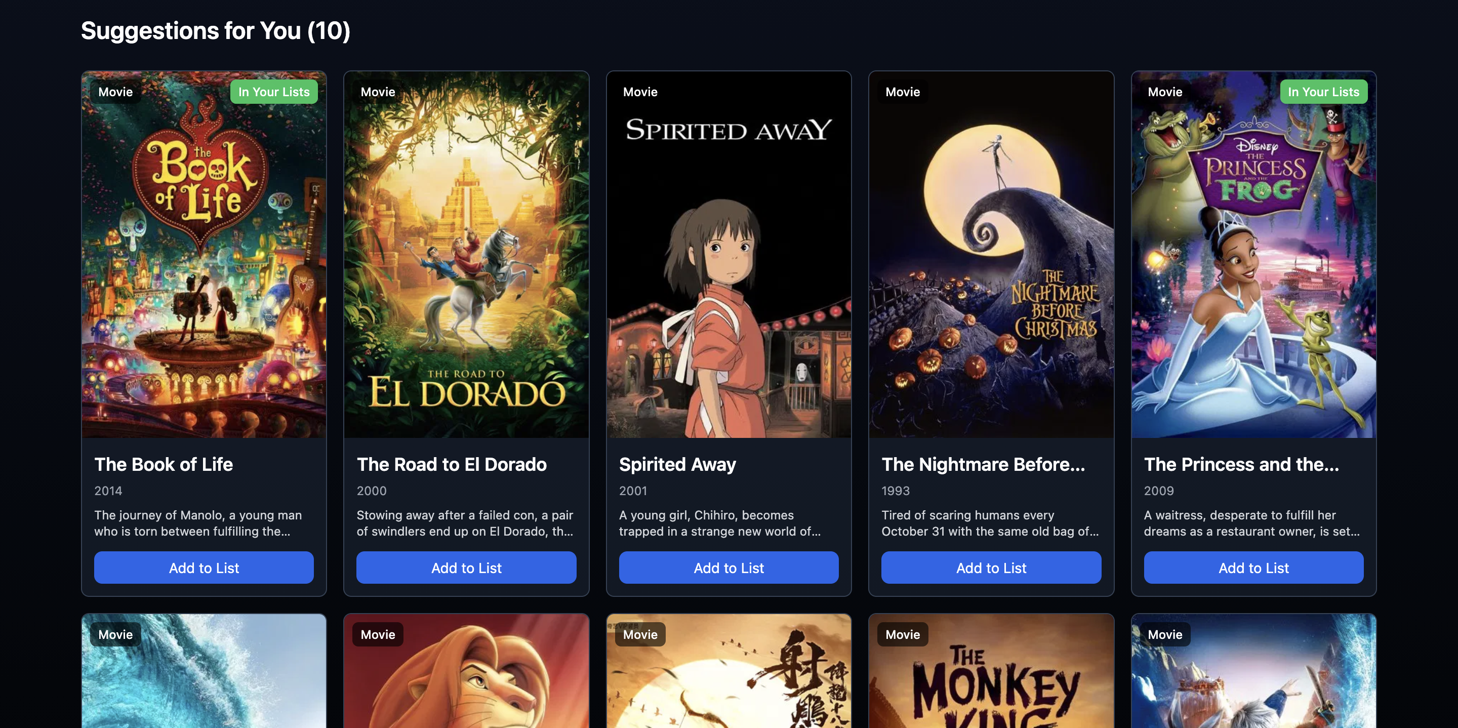 The resulting suggestions list, showing the matched title, poster image and metadata for each recommendation